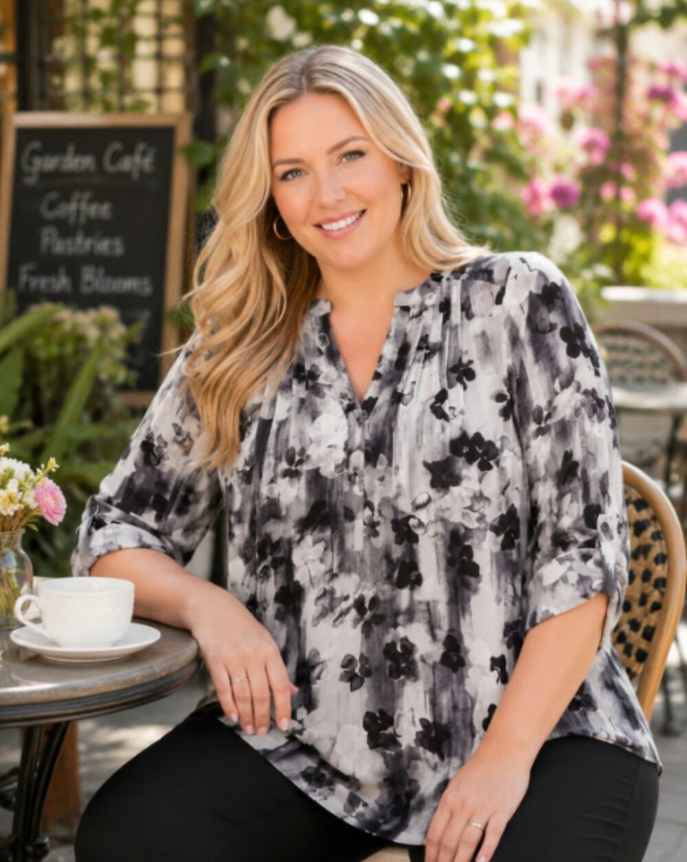 Simply Vera Vera Wang S Gray Black Floral Tunic Blouse Roll Tab